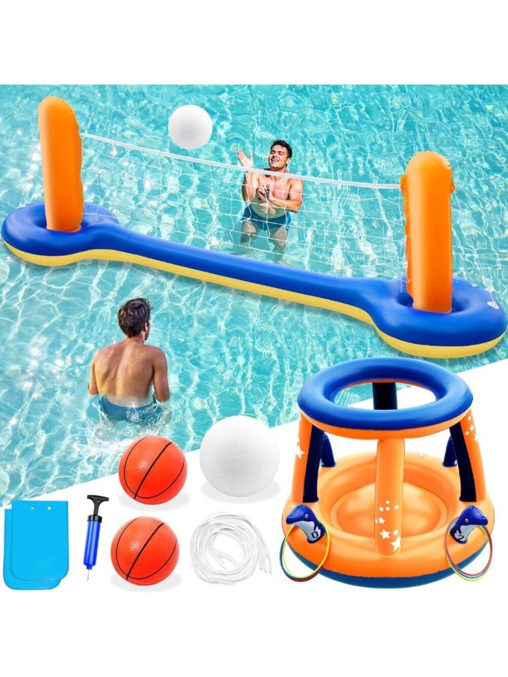 3-in-1 Inflatable Pool Games Set - Volleyball, Basketball, Ring Toss for Summer
